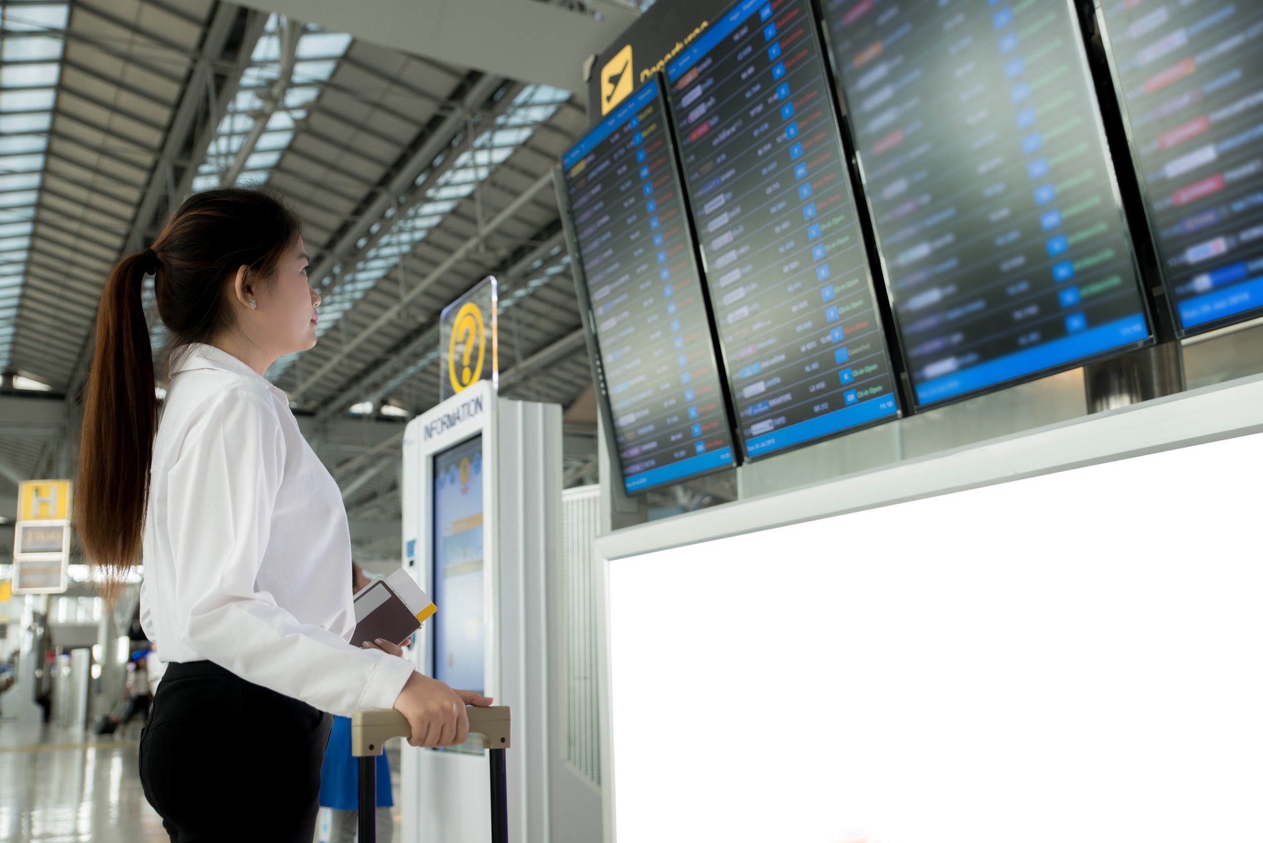 Asian Young Woman Information Board Checking