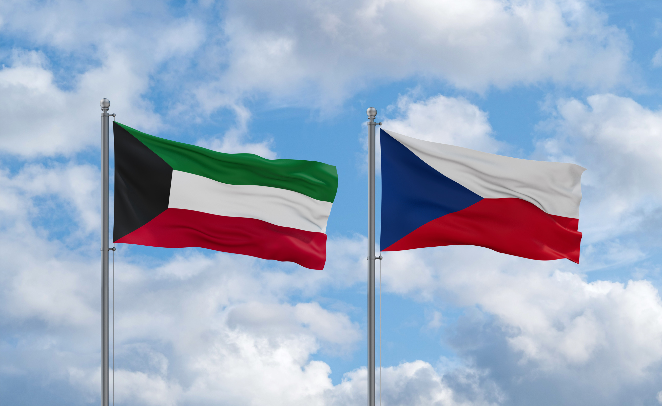 Czech Republic And Kuwait Flags Waving Together