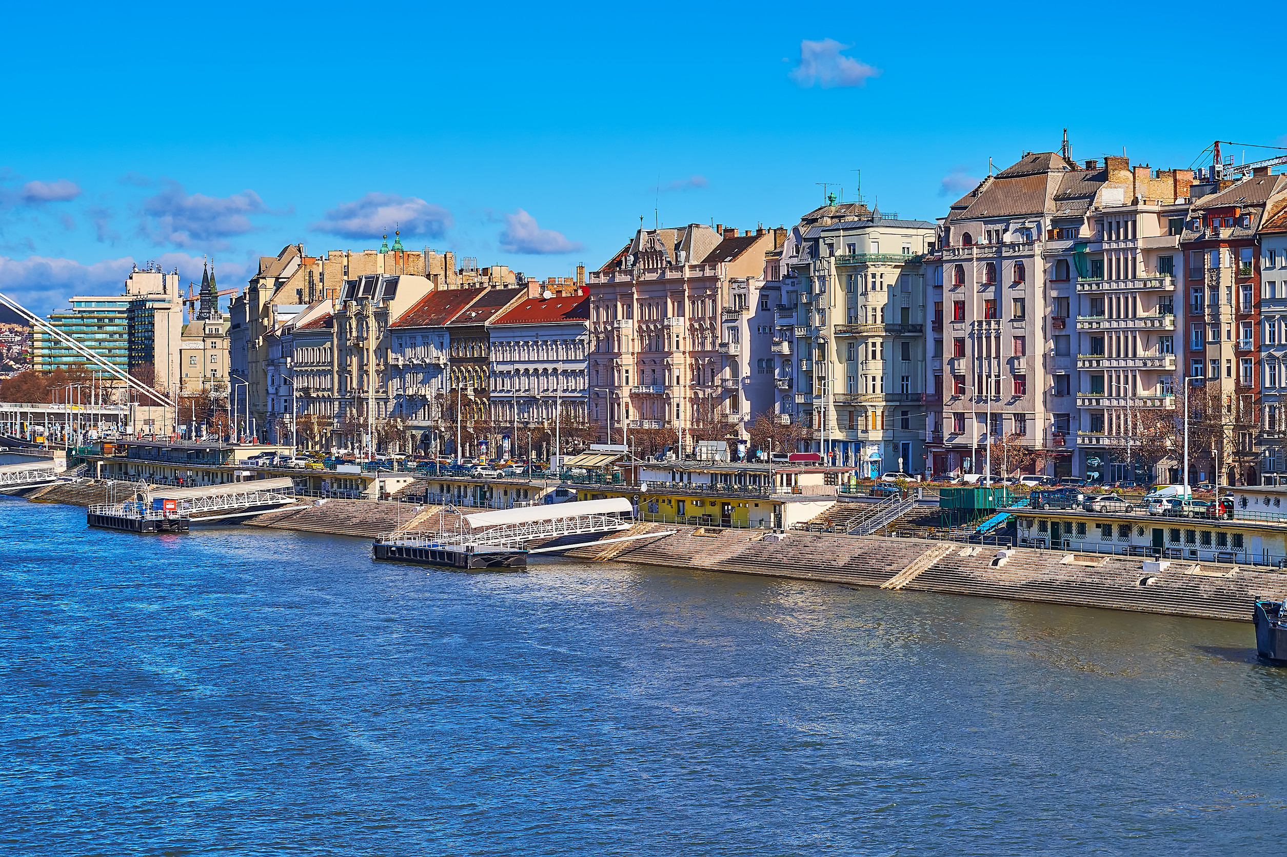 danube river embankment with line of historic townhouses of pest district budapest hungary danube river embankment with line of historic townhouses of pest district budapest hungary