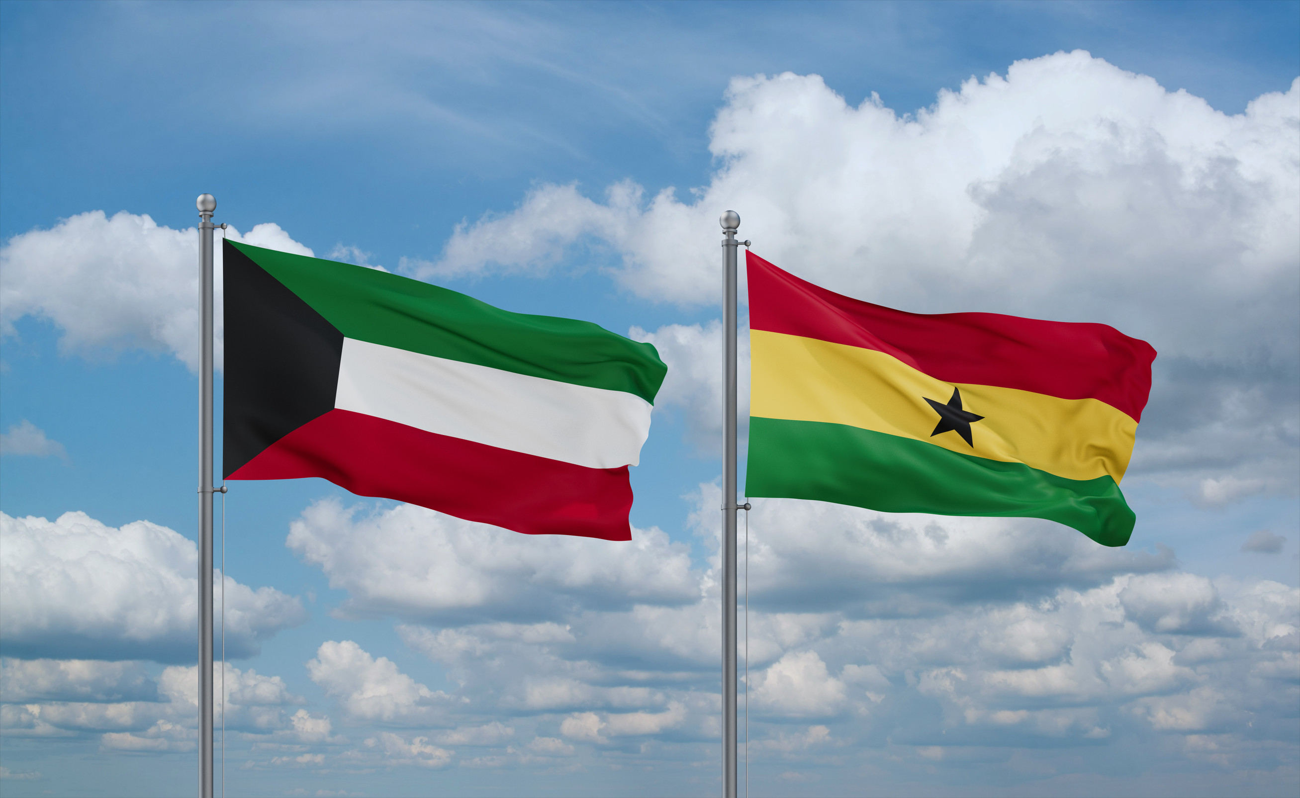 Ghana And Kuwait Flags Waving Together
