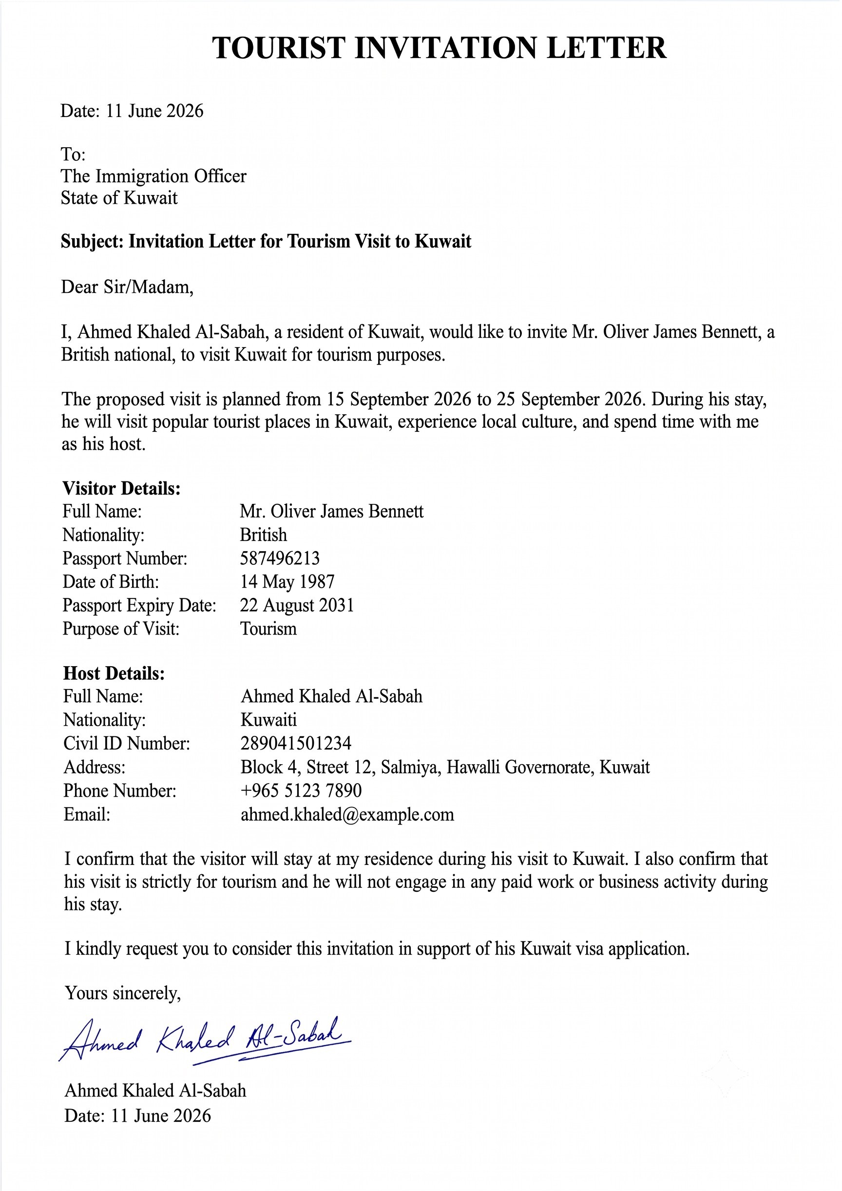 Host Invitation Letter Sample