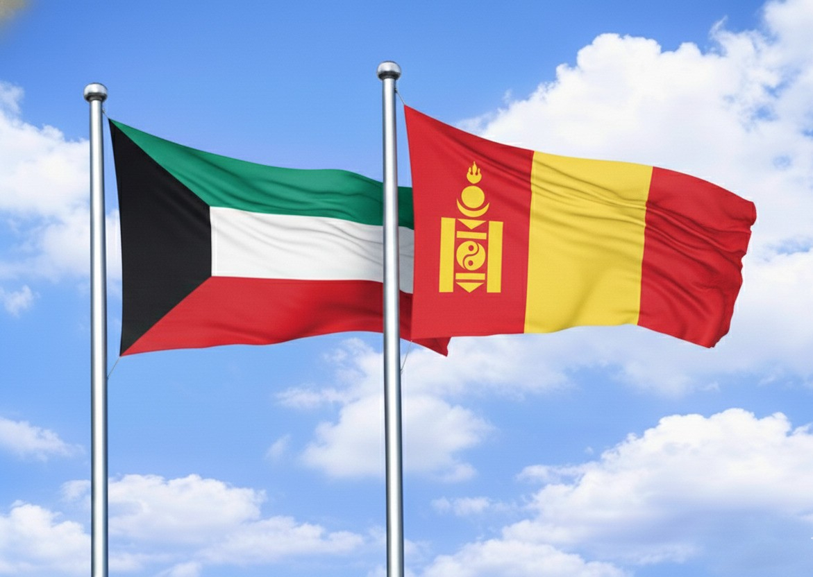 Kuwait Flag With Mongolia Flag Waving Together
