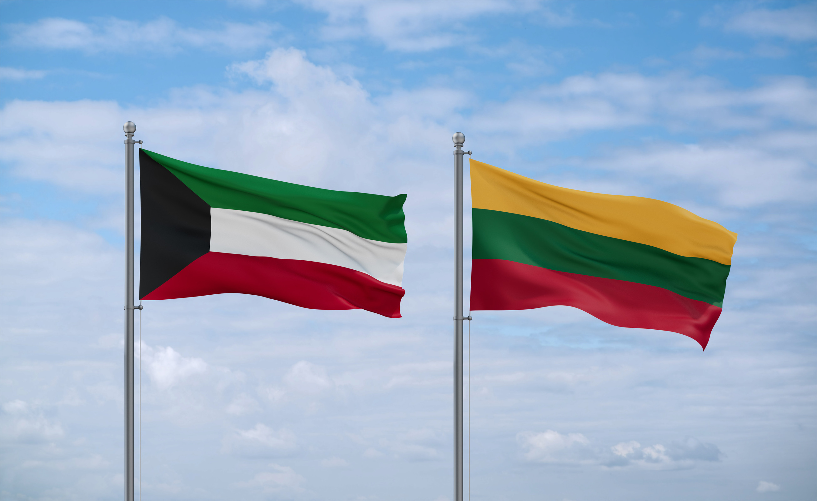Lithuania And Kuwait Flags Waving