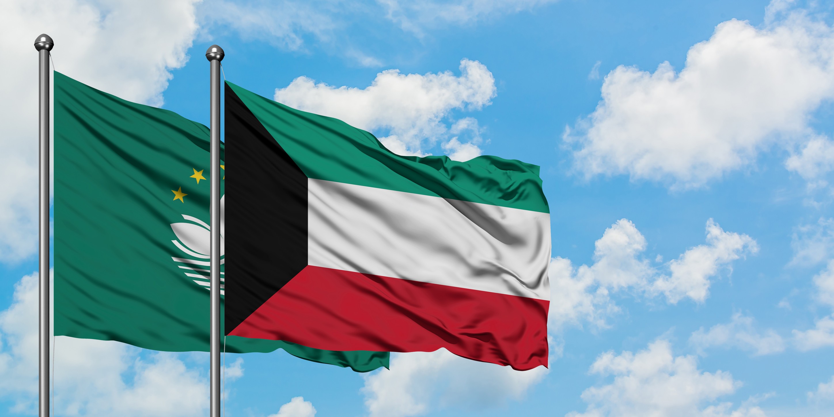 Macao And Kuwait Flag Waving In The Wind