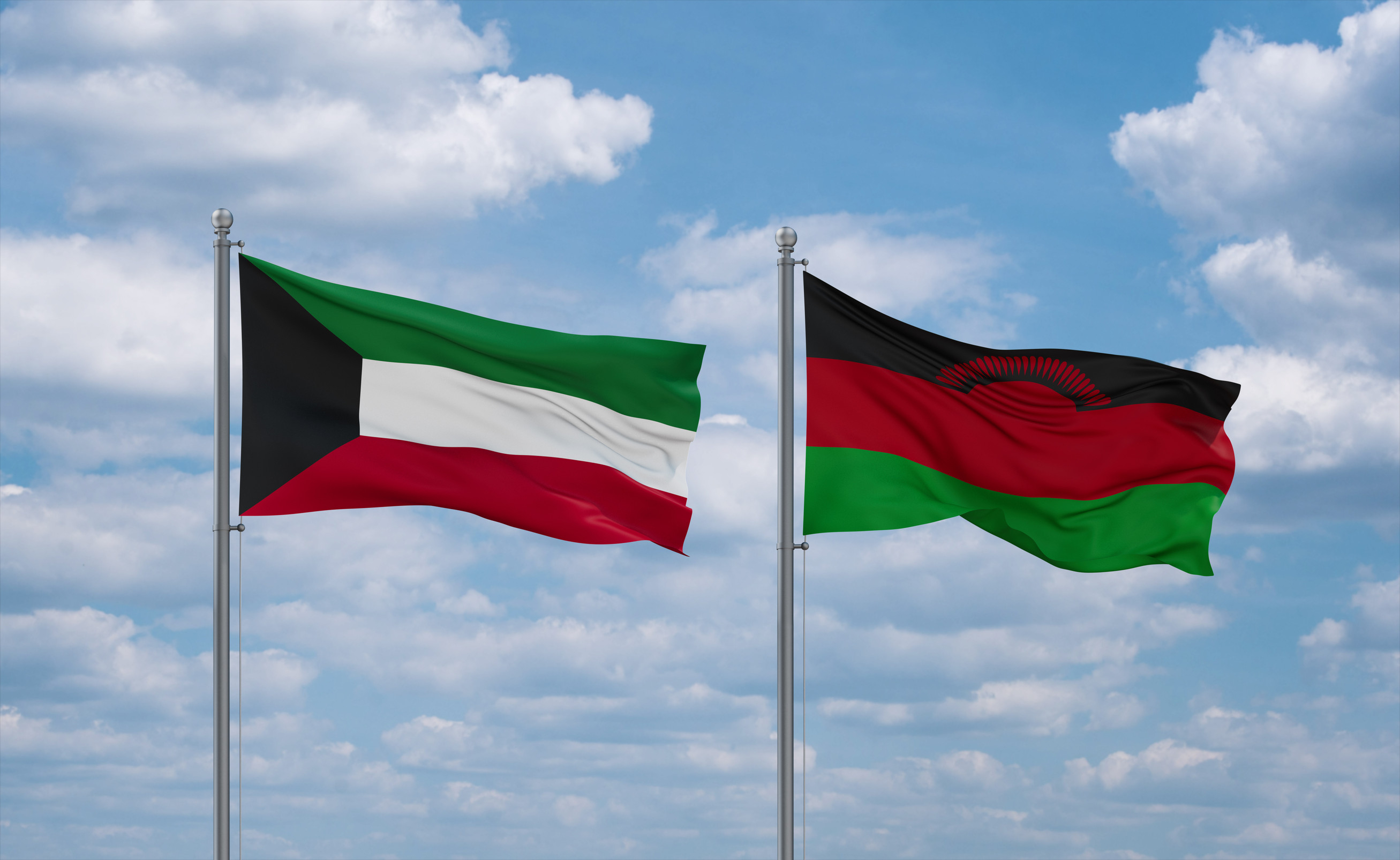 Malawi And Kuwait Flags Waving Together