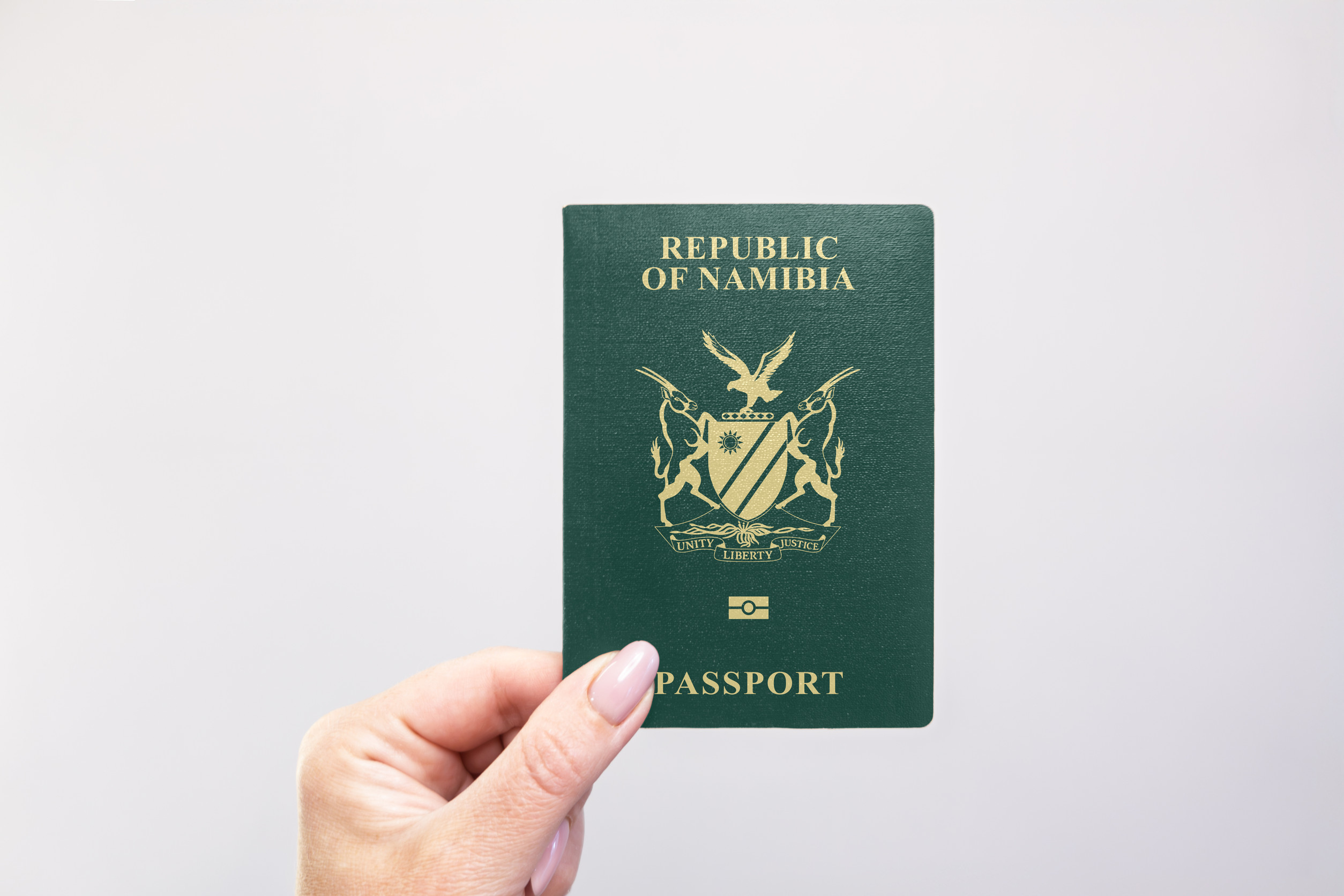 Namibia Passport Held In Hand Against A Plain
