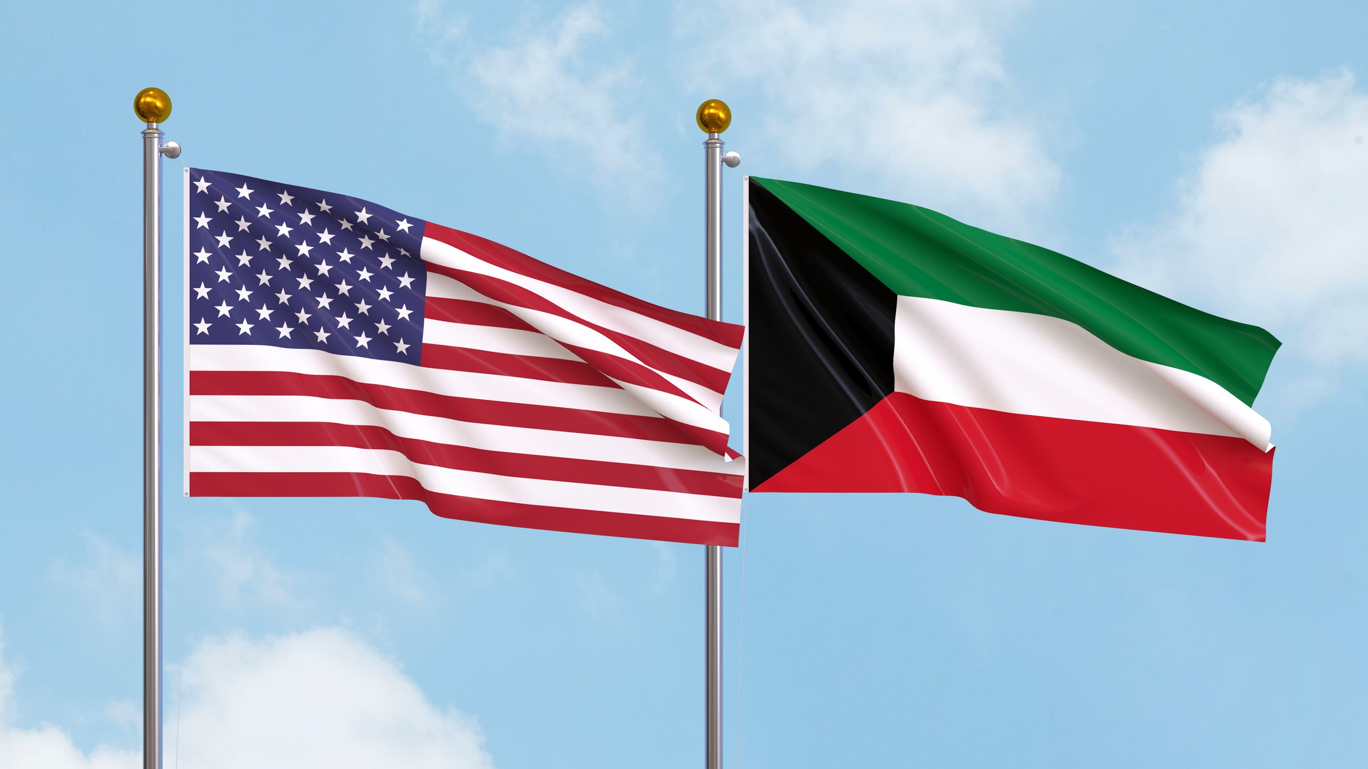 Waving Flags Of The United States Of America And Kuwait