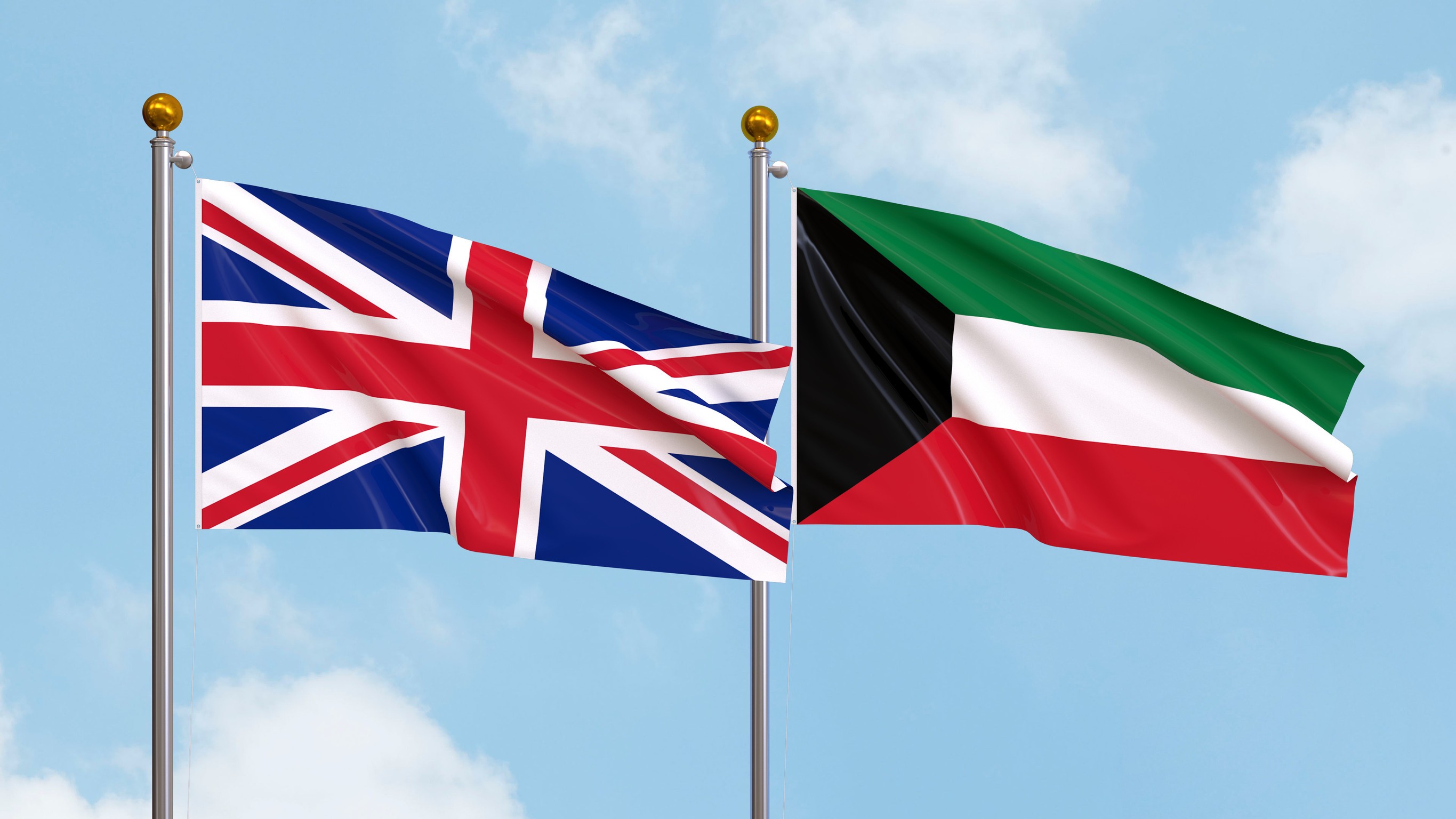 Waving Flags Of United Kingdom And Kuwait On Sky Background Illustrating International